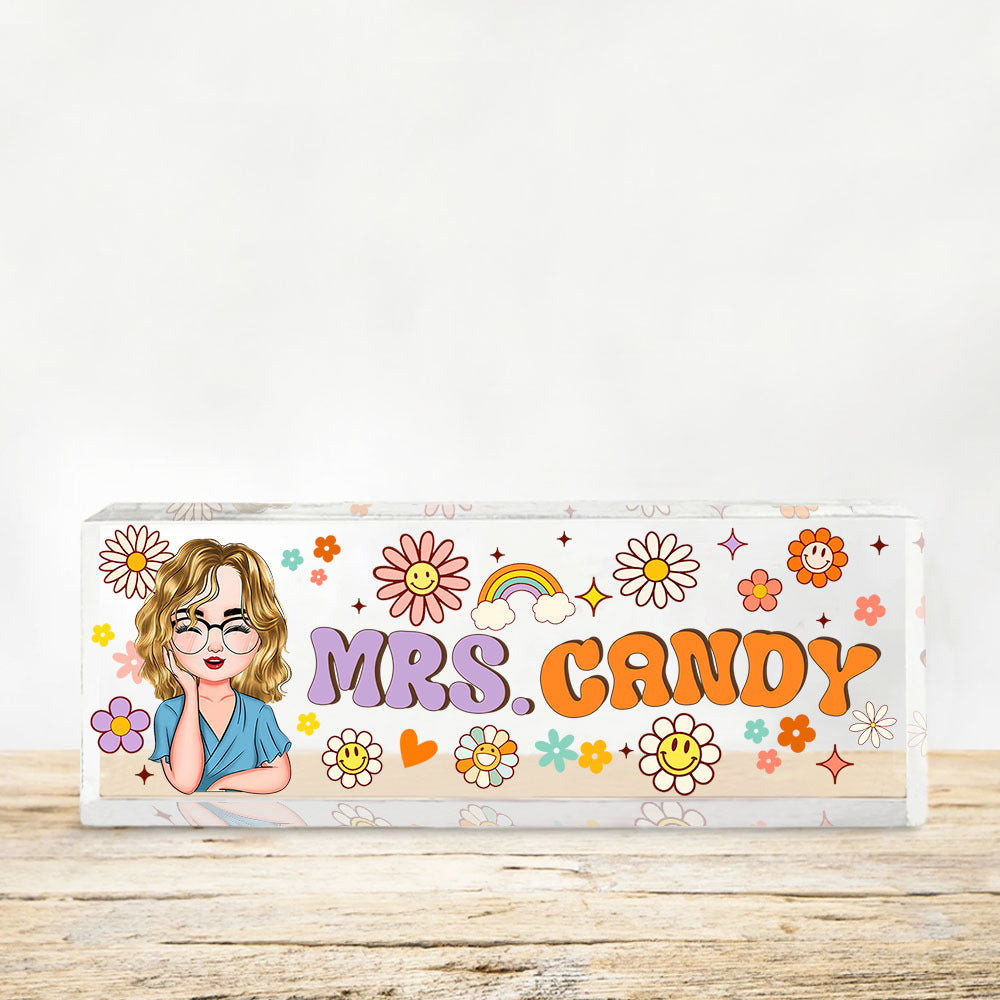 Personalized Acrylic Desk Name Plate - Gift For Teacher - Teacher's Name With Flowers & Rainbow AI