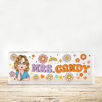 Thumbnail for Personalized Acrylic Desk Name Plate - Gift For Teacher - Teacher's Name With Flowers & Rainbow AI