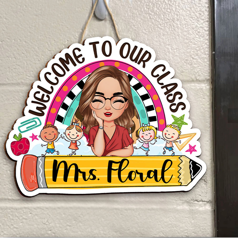 Personalized Rainbow Teacher Welcome Door Sign, Classroom Decor Gift For Teachers FC