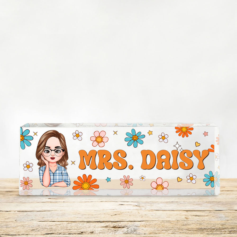 Custom Flowers Retro Magic Teacher Name Acrylic Desk Name Plate, Gift For Teacher AI
