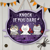 Thumbnail for Personalized Cat Shaped Door Sign - Halloween Gift For Cat Lovers - Knock If You Dare AE