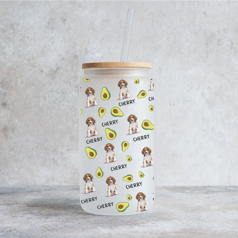 Personalized Pet Photo & Name Summer Glass Bottle/Frosted Bottle With Lid & Straw, Best Gift For Dog Cat Lovers AF