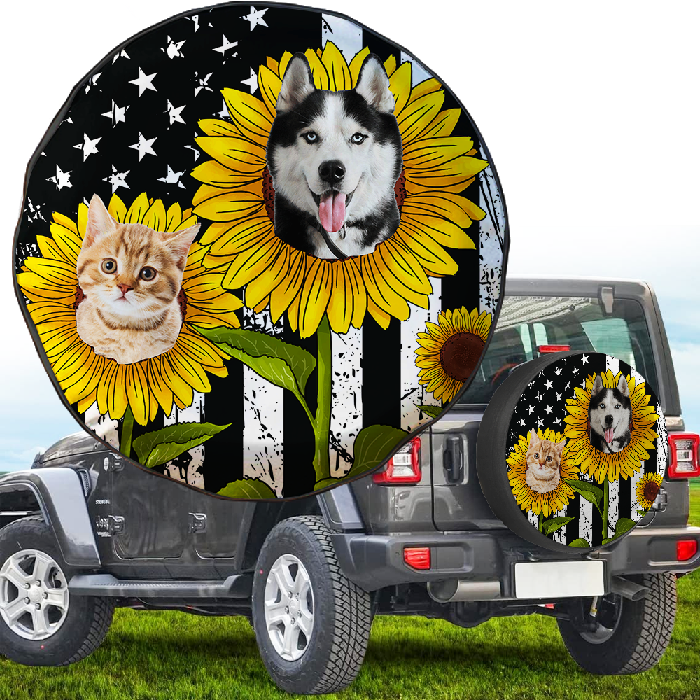 Personalize Pet Photo American Flag Sunflower Spare Tire Cover, Gift For Dog Cat Lovers FC