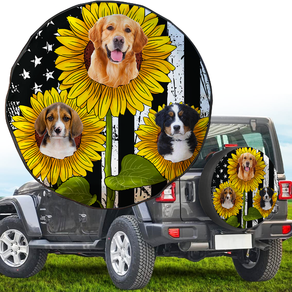 Personalize Pet Photo American Flag Sunflower Spare Tire Cover, Gift For Dog Cat Lovers FC