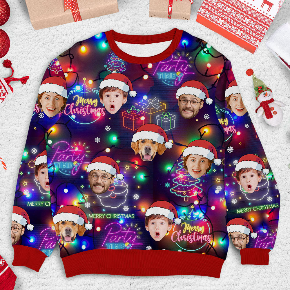 Personalized Ugly Christmas Sweater - Christmas Gift For Family - Funny Face Photo Bright Neon Lighting AB