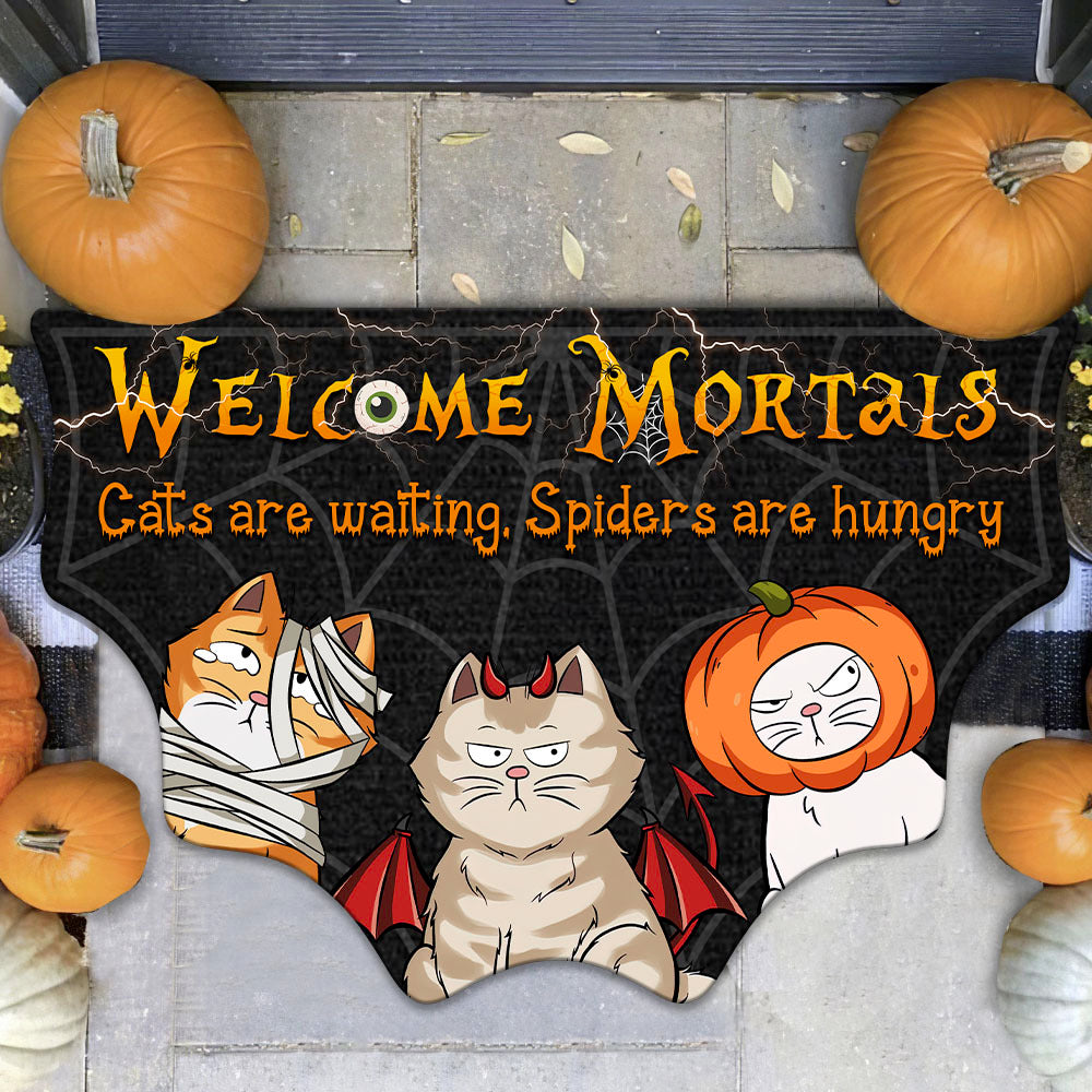 Personalized Spider Web Shaped Doormat - Halloween Gift For Cat Lover - Cats Are Waiting, Spiders Are Hungry AB