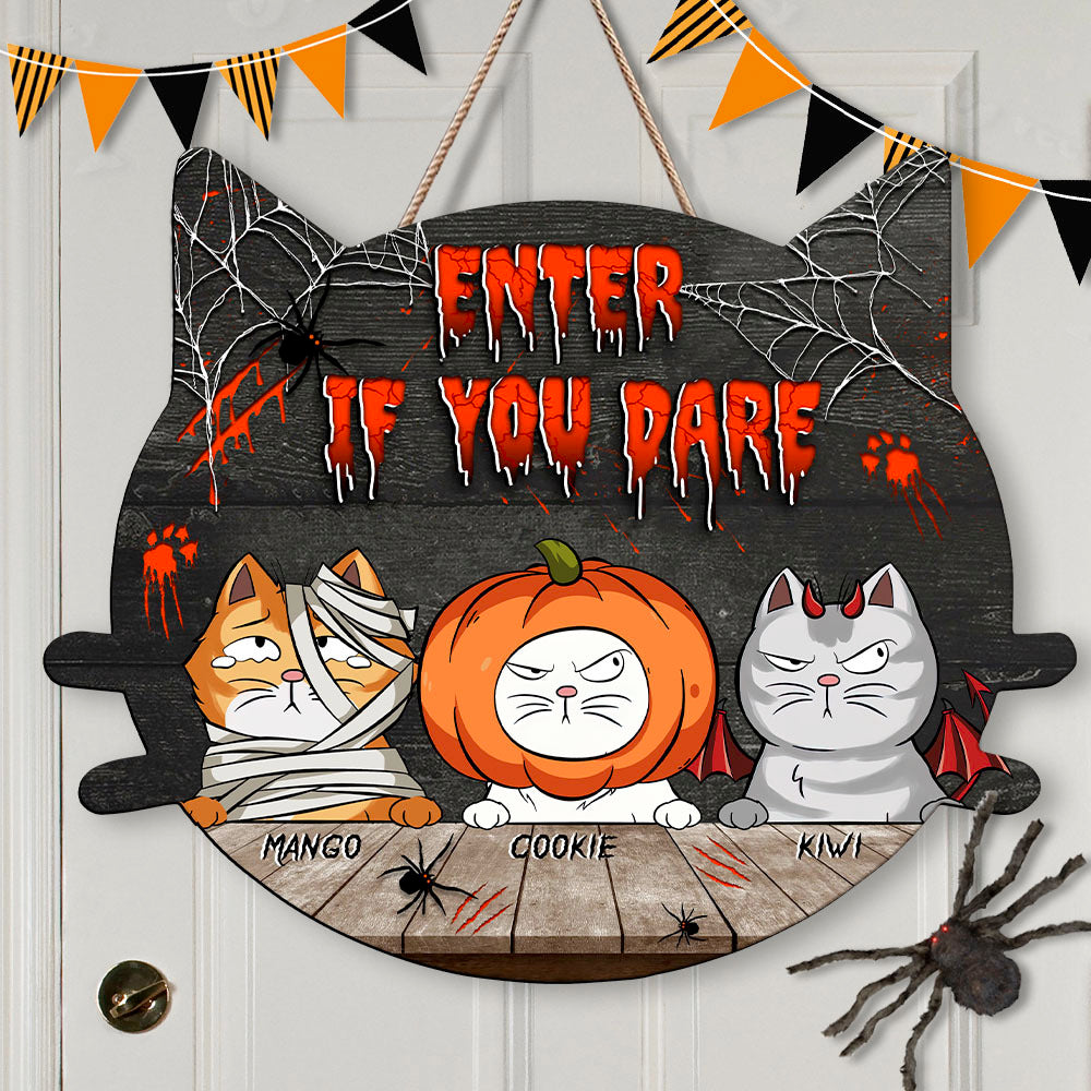 Personalized Cat Shaped Door Sign - Halloween Gift For Cat Lovers - Enter If You Dare AE