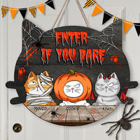 Thumbnail for Personalized Cat Shaped Door Sign - Halloween Gift For Cat Lovers - Enter If You Dare AE