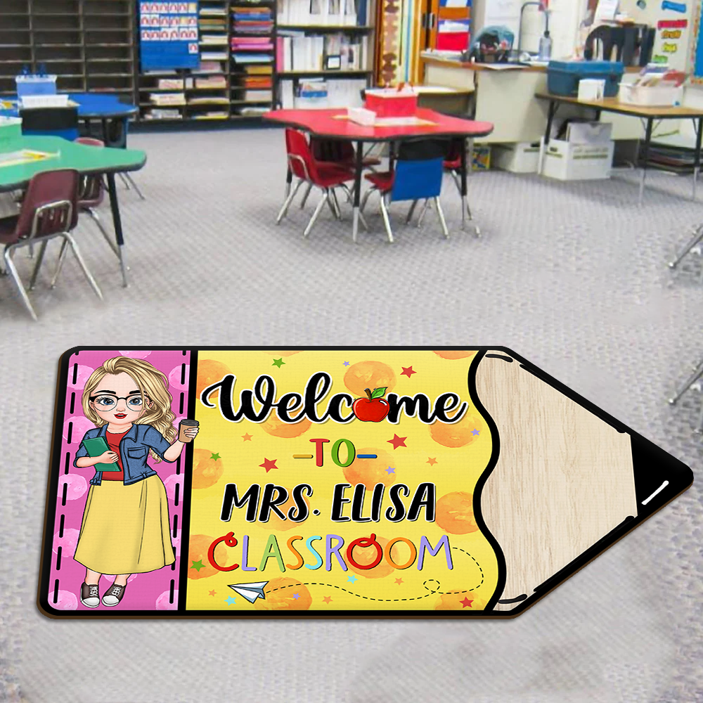 Custom Welcome To Teacher Classroom Pencil Shaped Doormat, Gift For Teacher AB