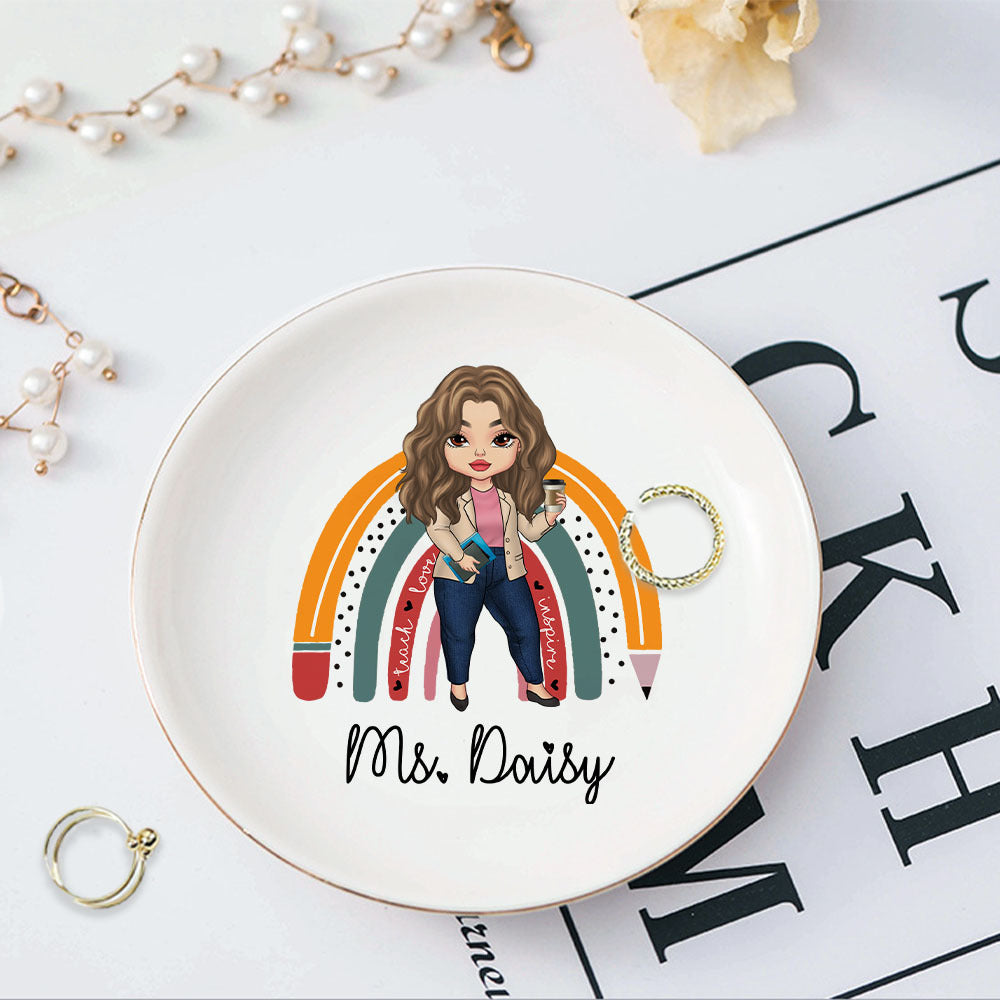 Custom Rainbow Teacher Name Round Jewelry Ring Dish, Jewelry Tray, Gift For Teacher Trang的产品