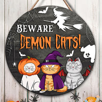 Thumbnail for Custom Beware Demon Cat Round Door Sign, Halloween Decorations AE