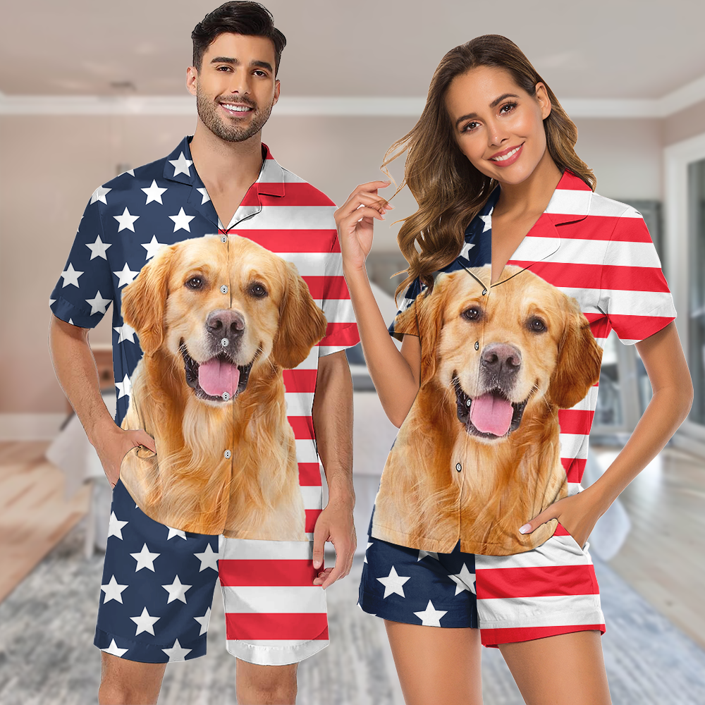 Custom Pet Photo Men And Women Short Pajamas Set, Best Sleepwear For Dog Cat Lovers AB