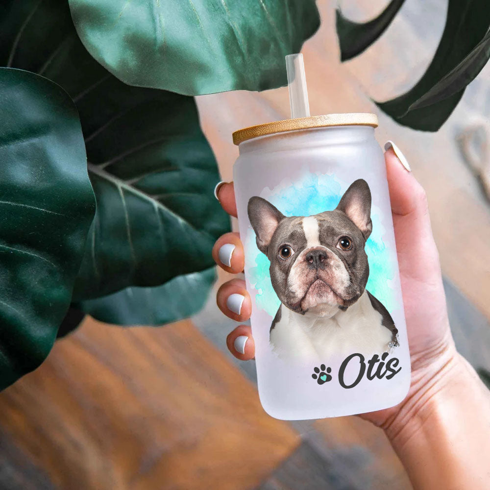 Custom Dog Cat Photo Portraits With Paws Glass Bottle/Frosted Bottle With Lid & Straw, Pet Lover Gift AF