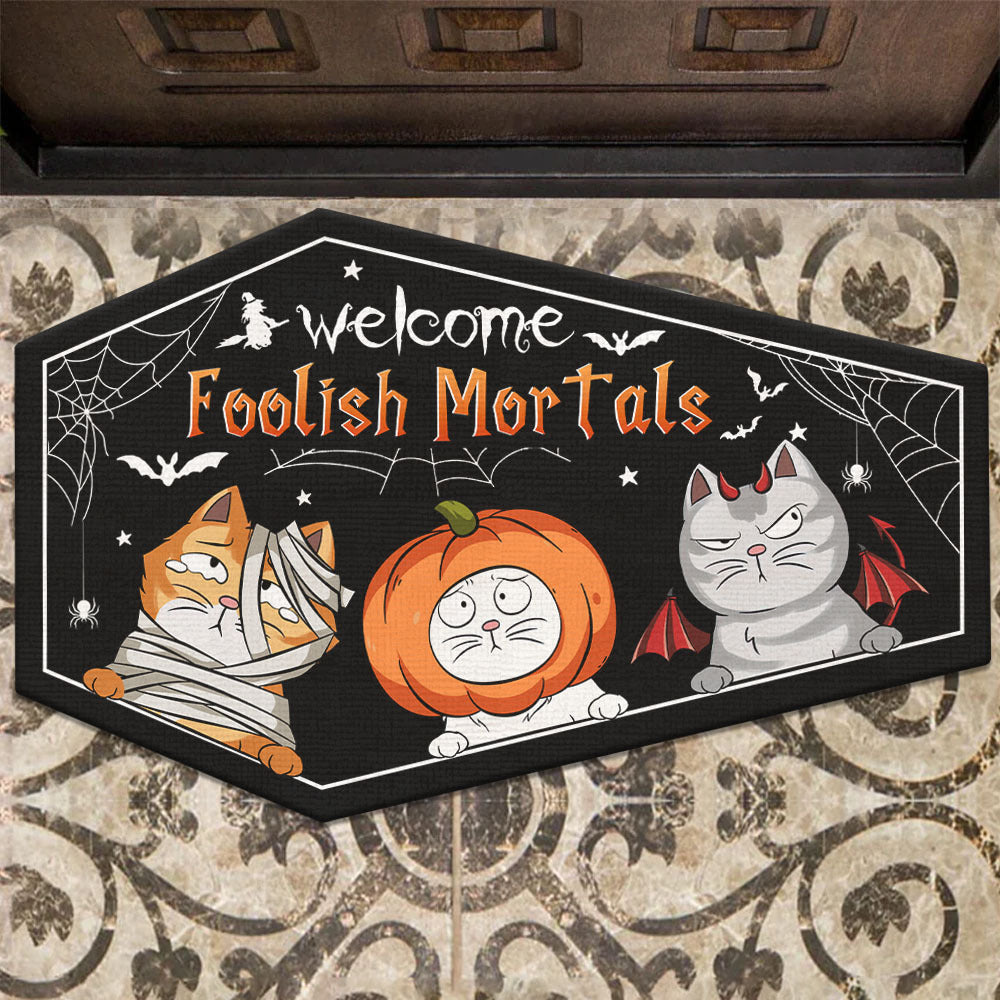 Personalized Coffin Shaped Doormat - Halloween Gift For Cat Lovers - Welcome Foolish Mortals AB