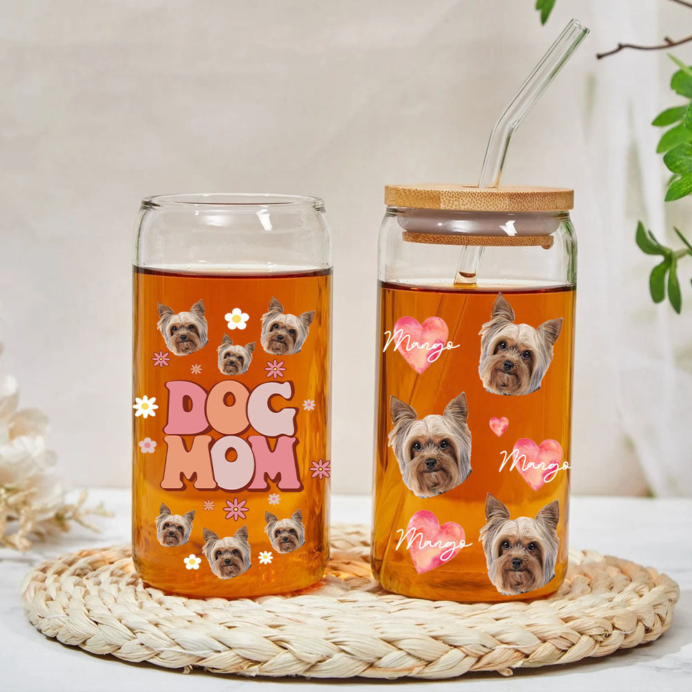 Custom Dog Mom Cat Mom Photo Glass Bottle/Frosted Bottle With Lid & Straw, Pet Lover Gift AF