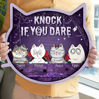 Thumbnail for Personalized Cat Shaped Door Sign - Halloween Gift For Cat Lovers - Knock If You Dare AE