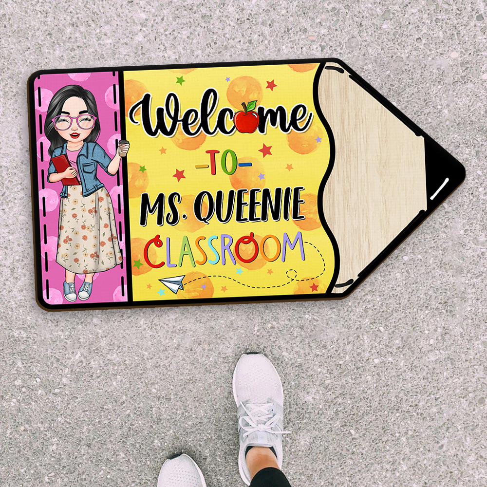 Custom Welcome To Teacher Classroom Pencil Shaped Doormat, Gift For Teacher AB