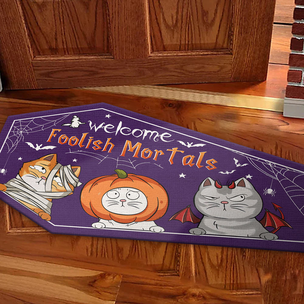 Personalized Coffin Shaped Doormat - Halloween Gift For Cat Lovers - Welcome Foolish Mortals AB