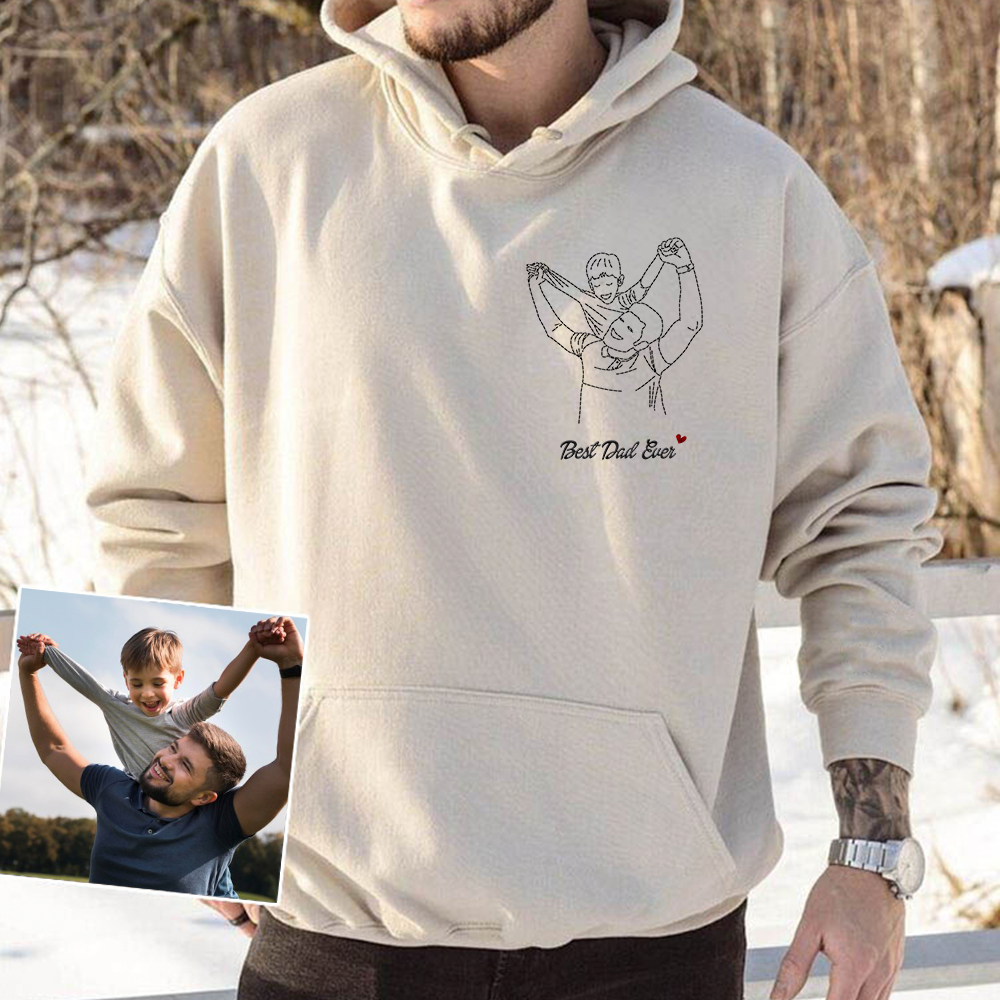 Personalized Embroidered T-shirt, Sweater, Hoodie - Father's Day Gift - Best Dad Ever Line Drawing Photo CustomCat