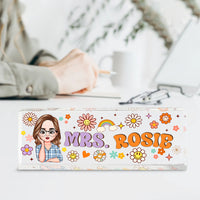 Thumbnail for Personalized Acrylic Desk Name Plate - Gift For Teacher - Teacher's Name With Flowers & Rainbow AI
