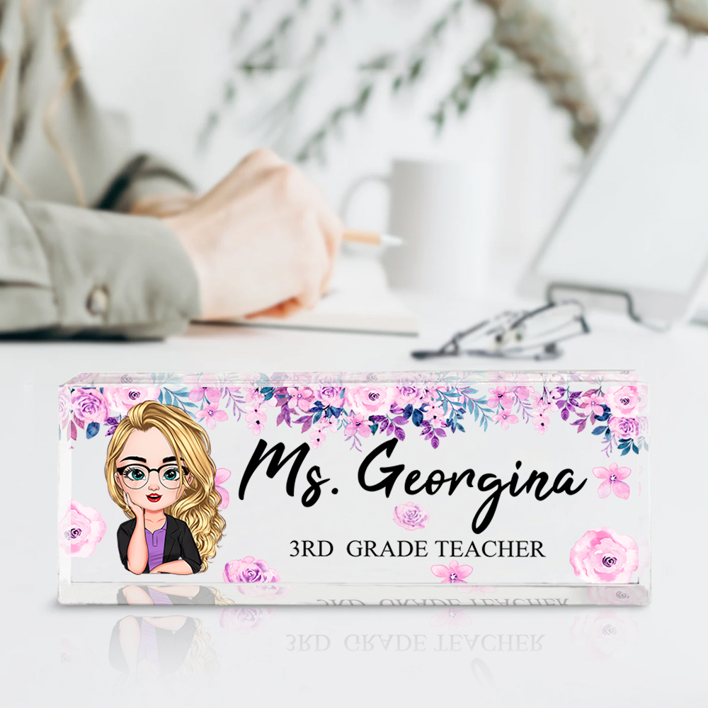 Personalized Teacher Floral Acrylic Name Plate For Desk, Gift For Teacher AI