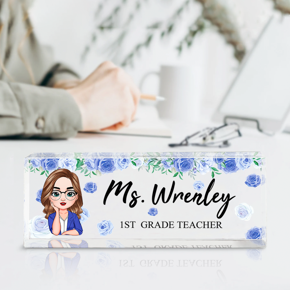 Personalized Teacher Floral Acrylic Name Plate For Desk, Gift For Teacher AI