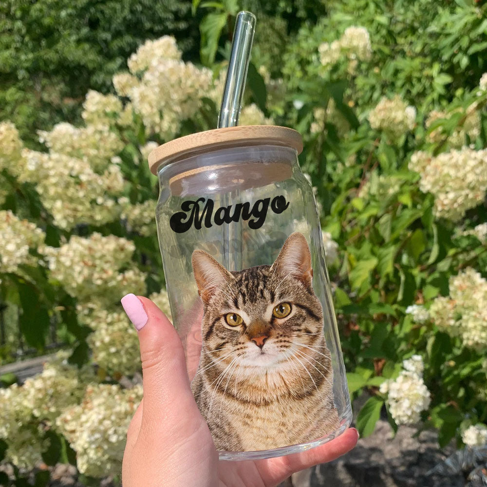 Custom Portrait Photo Glass Can With Lid & Straw, Pet Lover Gift FC