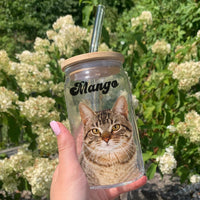 Thumbnail for Custom Portrait Photo Glass Can With Lid & Straw, Pet Lover Gift FC