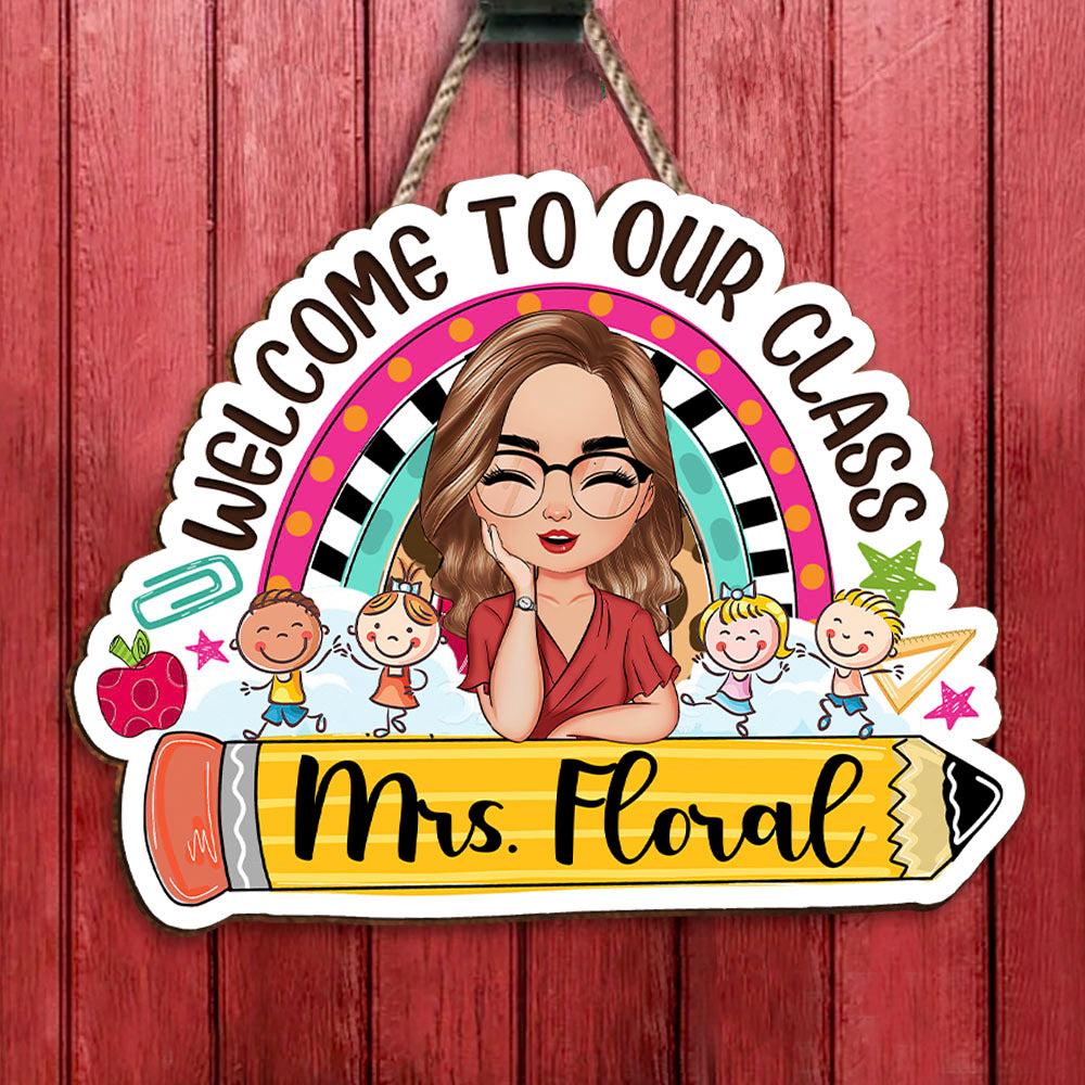 Personalized Rainbow Teacher Welcome Door Sign, Classroom Decor Gift For Teachers FC