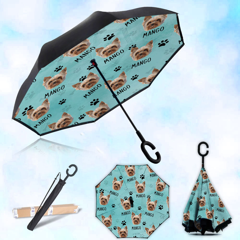Custom Dog Cat Photo With Name Windproof Reverse Upside Down C-Handle Double Layer Umbrella, Pet Lover Gift JonxiFon