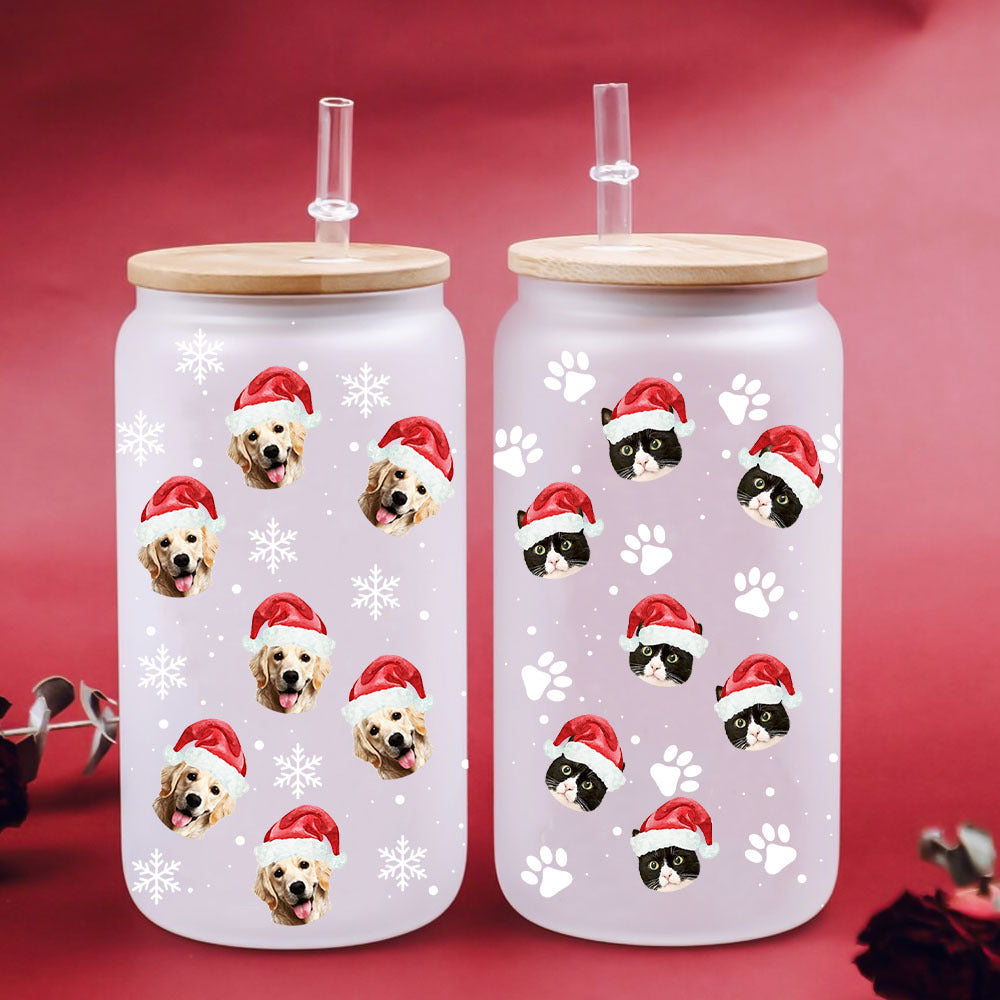 Personalized Glass Bottle/Frosted Bottle - Christmas Gift For Pet Lovers - Santa Hat With Face Photo AF