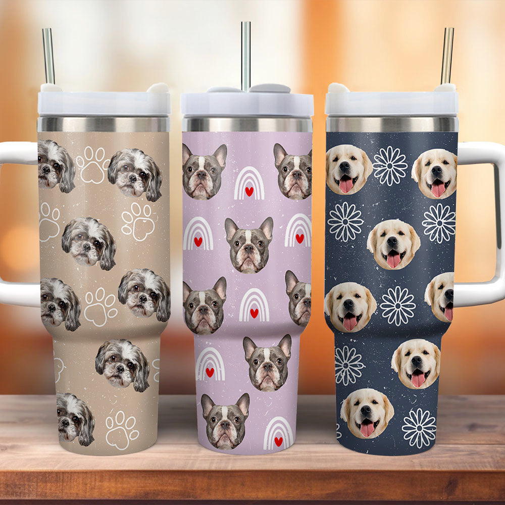 Personalized 40 oz Tumbler With Handle and Straw Lid - Gift For Pet Lovers - Dog Cat Face Photo Retro Style FC