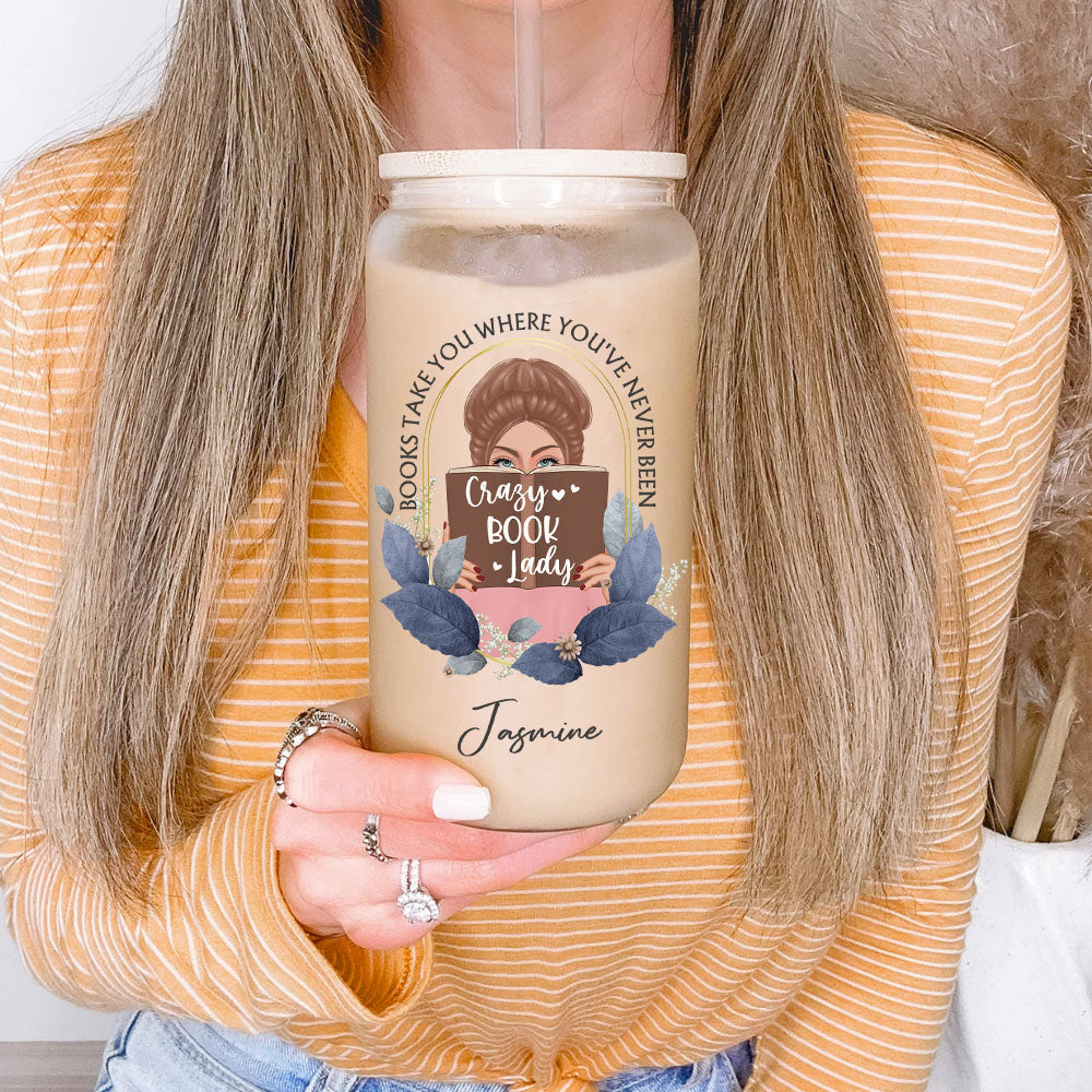 Personalized Glass Bottle/Frosted Bottle With Lid & Straw - Gift For Book Lovers - Books Take You Where You've Never Been AF