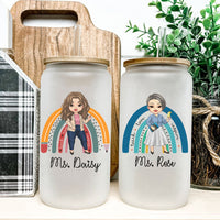Thumbnail for Custom Female Teacher Rainbow With Name Glass Bottle/Frosted Bottle With Lid & Straw, Gift For Teacher AF