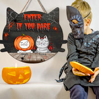 Thumbnail for Personalized Cat Shaped Door Sign - Halloween Gift For Cat Lovers - Enter If You Dare AE