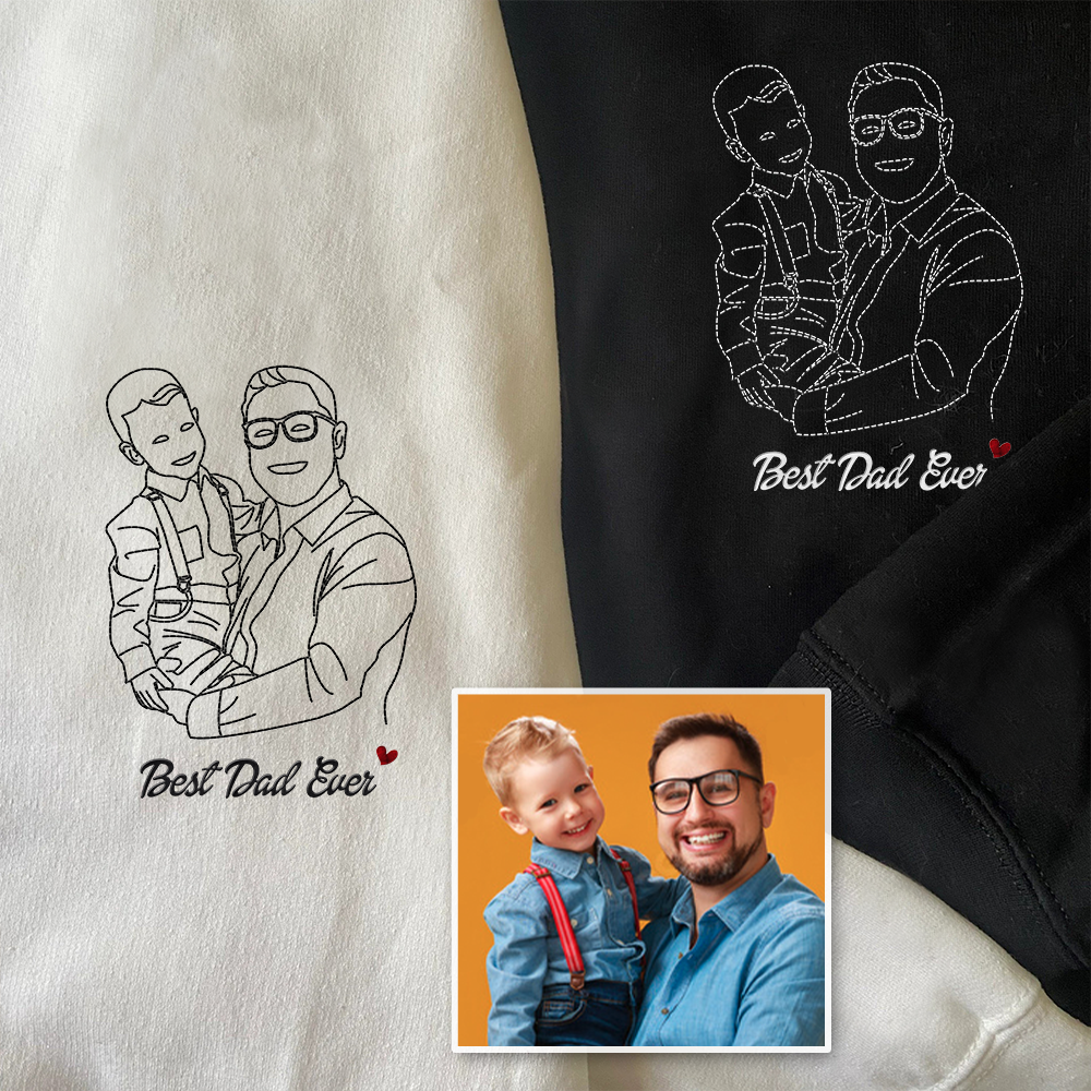 Personalized Embroidered T-shirt, Sweater, Hoodie - Father's Day Gift - Best Dad Ever Line Drawing Photo CustomCat