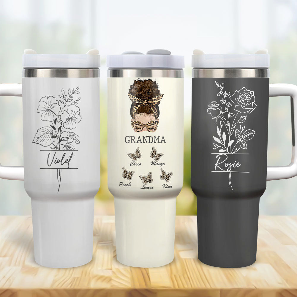 Personalized 40oz Tumbler - Gift For Grandma - Flower Grandma Butterflies Grandkids Yoycol