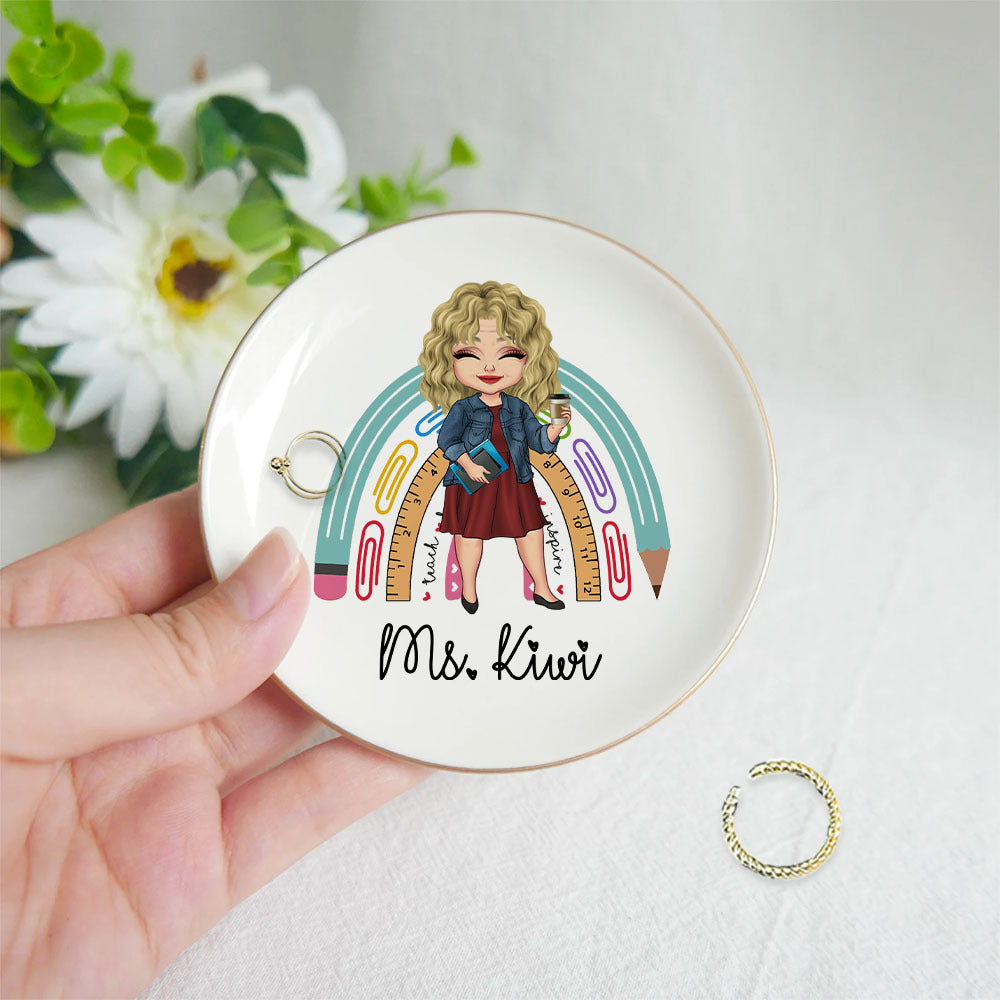 Custom Rainbow Teacher Name Round Jewelry Ring Dish, Jewelry Tray, Gift For Teacher Trang的产品