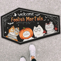 Thumbnail for Personalized Coffin Shaped Doormat - Halloween Gift For Cat Lovers - Welcome Foolish Mortals AB