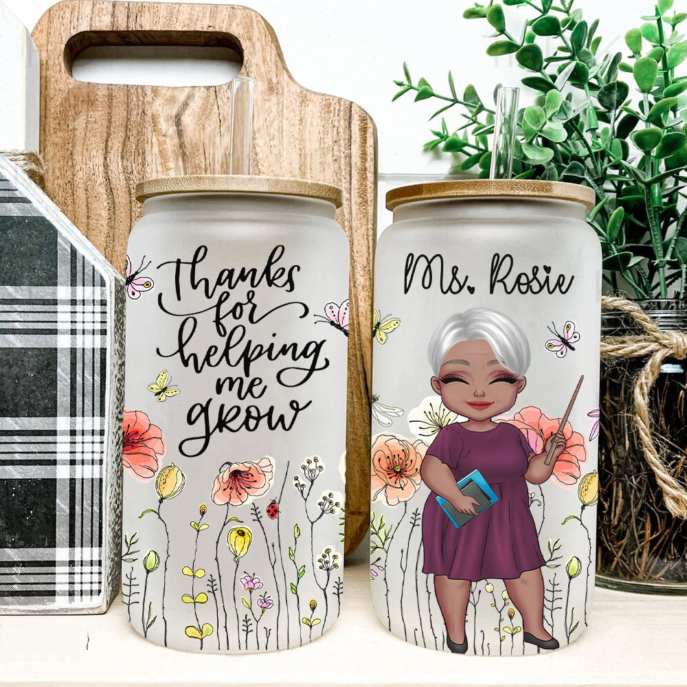 Custom Thank You For Helping Me Grow Teacher Glass Bottle/Frosted Bottle With Lid & Straw, Gift For Teacher AF