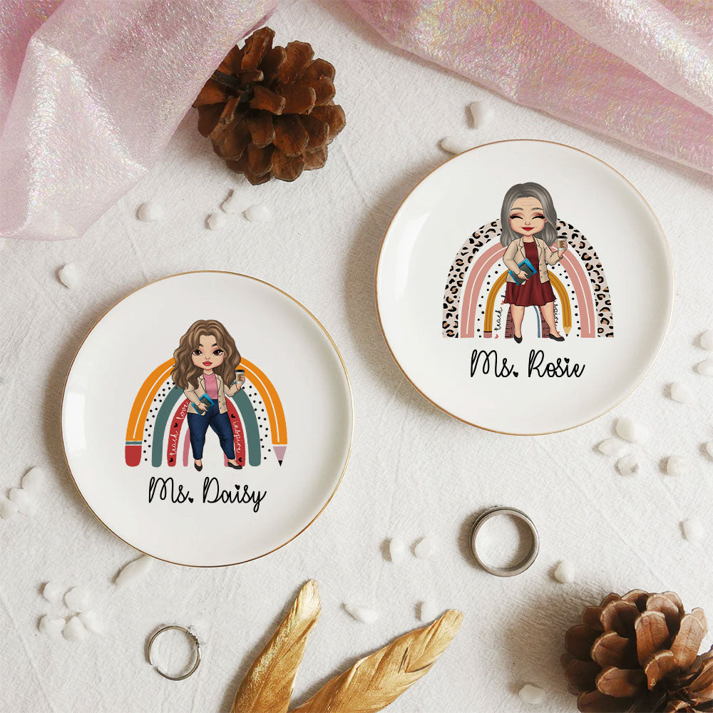 Custom Rainbow Teacher Name Round Jewelry Ring Dish, Jewelry Tray, Gift For Teacher Trang的产品