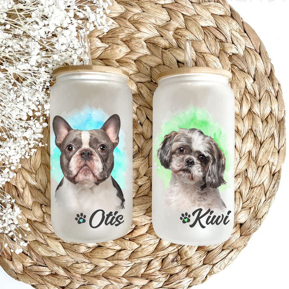Custom Dog Cat Photo Portraits With Paws Glass Bottle/Frosted Bottle With Lid & Straw, Pet Lover Gift AF