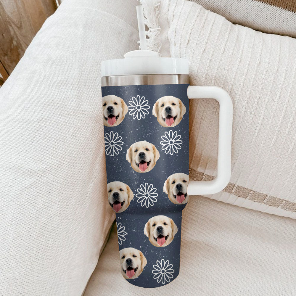 Personalized 40 oz Tumbler With Handle and Straw Lid - Gift For Pet Lovers - Dog Cat Face Photo Retro Style FC