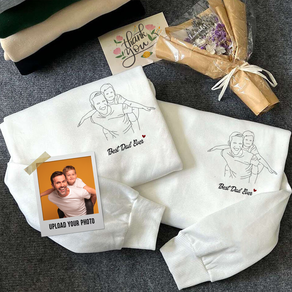 Personalized Embroidered T-shirt, Sweater, Hoodie - Father's Day Gift - Best Dad Ever Line Drawing Photo CustomCat
