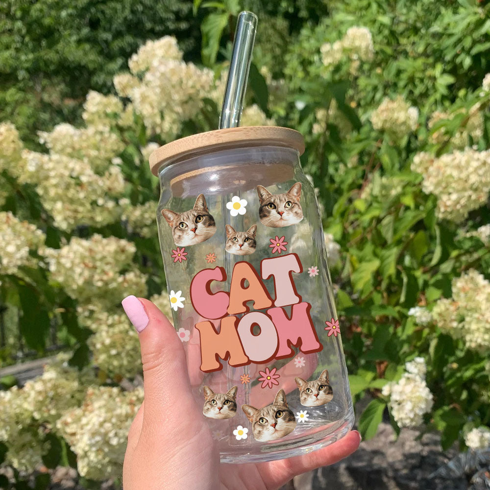 Custom Dog Mom Cat Mom Photo Glass Bottle/Frosted Bottle With Lid & Straw, Pet Lover Gift AF