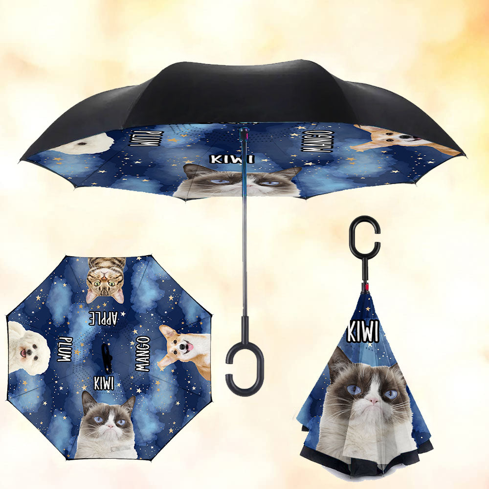 Custom Galaxy Dog Cat Photo With Name Windproof Reverse Upside Down C-Handle Double Layer Umbrella, Pet Lover Gift JonxiFon