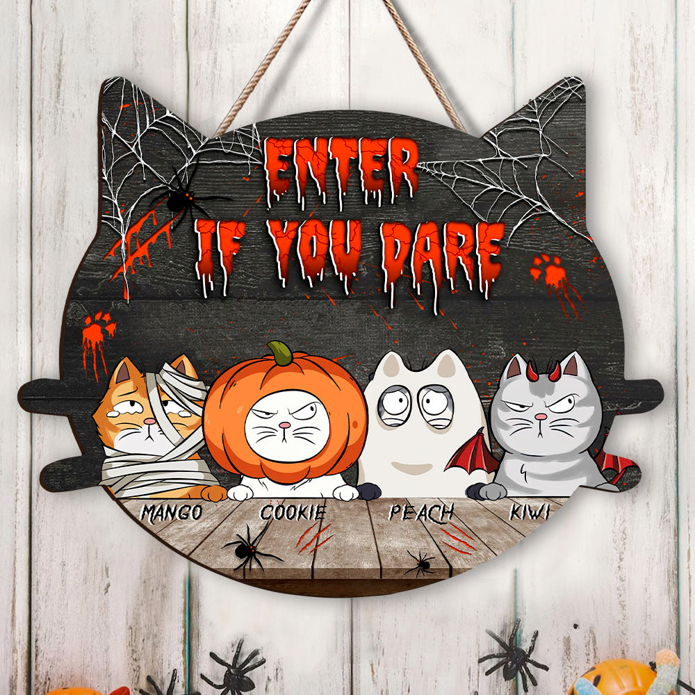 Personalized Cat Shaped Door Sign - Halloween Gift For Cat Lovers - Enter If You Dare AE