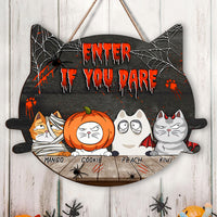 Thumbnail for Personalized Cat Shaped Door Sign - Halloween Gift For Cat Lovers - Enter If You Dare AE