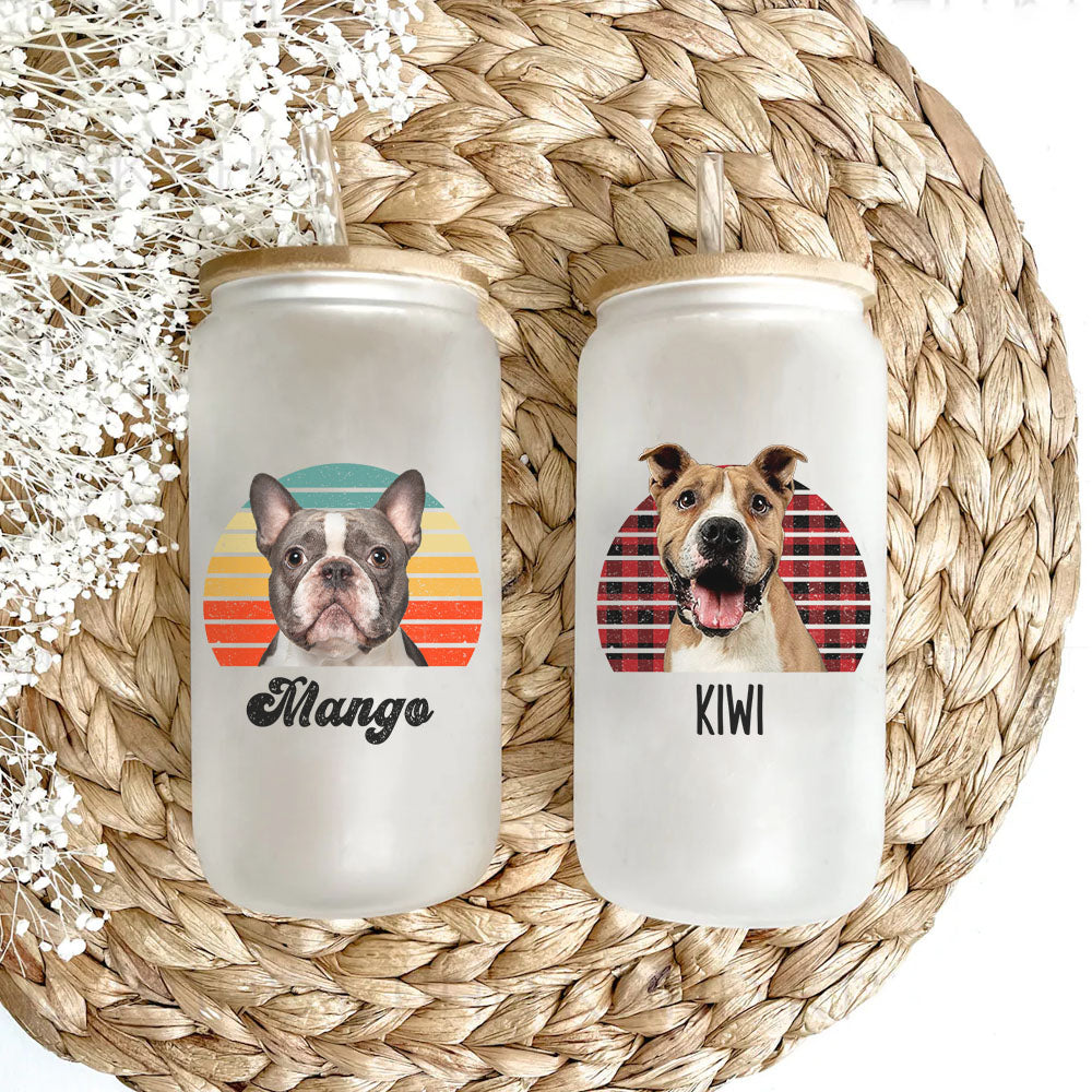Custom Retro Style Dog Cat Photo Glass Bottle/Frosted Bottle With Lid & Straw, Pet Lover Gift AF