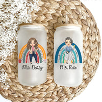 Thumbnail for Custom Female Teacher Rainbow With Name Glass Bottle/Frosted Bottle With Lid & Straw, Gift For Teacher AF